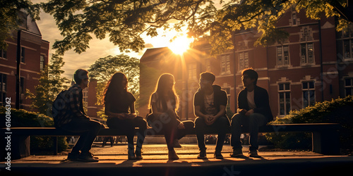 Group of best friends have fun and laugh out loud while walking in park on summer sunny day. Cheerful multiracial young men and women have fun together outdoors. Youth culture concept. Web banner. Reu © rodrigodm22