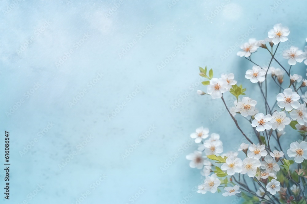 Small beautiful flower blossoms on blue pastel background with copy space. Floral pattern layout with a lots of place for adding text Small beautiful flower blossoms on blue pastel background with copy space. Floral pattern layout with a lots of place for adding text