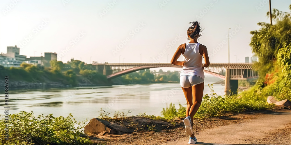 Young woman running on pier near river in morning. Generative AI
