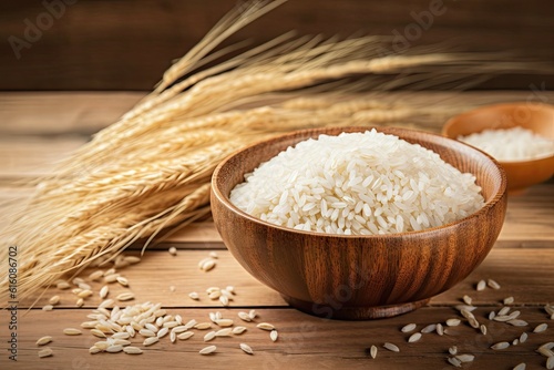 Nutritious Grains. Fresh Wheat and Rice on a Wooden Table with Copy Space