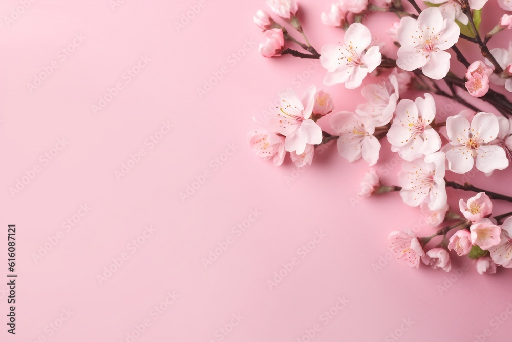 Small beautiful flowers blossom on pastel background with copy space. Floral pattern layout with a lots of place for adding text Generative AI