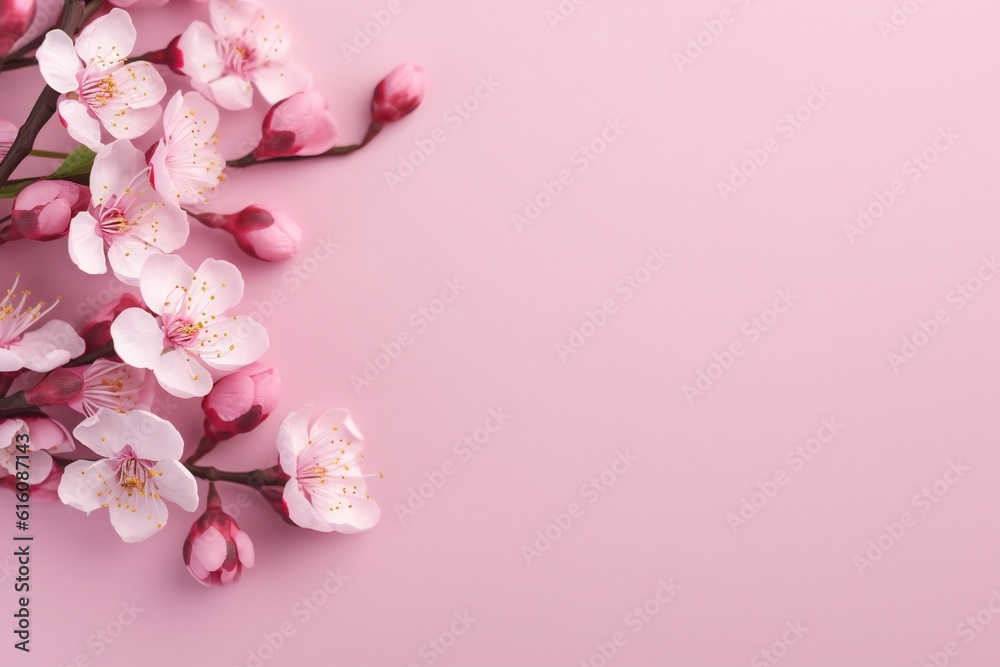 Small beautiful flowers blossom on pastel background with copy space. Floral pattern layout with a lots of place for adding text Generative AI