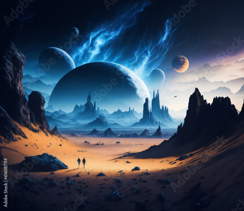 Among the various planets and stars  futuristic space and desert landscape with Alien protagonists including travelers and followers leading the milky way