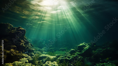 Photo Underwater sunlight through the water surface seen from a rocky seabed with algae
