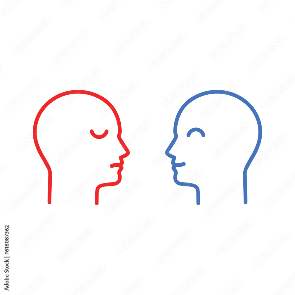 blue and red head like positive or negative. flat stroke style trend modern logotype graphic art design isolated on white. concept of personality polarity or person identity and bipolar disorder