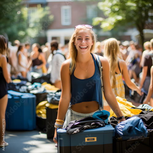 First day at university, student unpacking at collage, student unpacking at school, College Move In Day, moving into dormitory on college campus