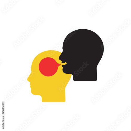 two heads with talk bubble like gossip icon. flat cartoon trend modern simple secret whisper logotype graphic art design isolated on white background. concept of spreading rumors in society or slander