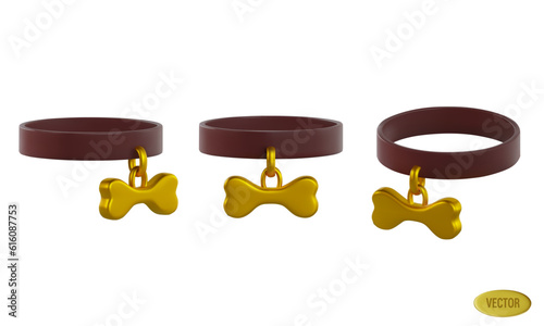 rendering of a brown leather collar with a golden bone on a pendant. For cats and dogs and pet. Vector illustration in 3d style isolated on white background