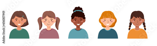 Girl avatars in the flat style on white background. Portraits of girls.

