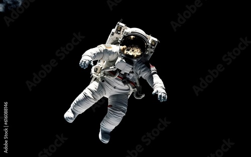 An astronaut in a spacesuit with a black background. Generative AI