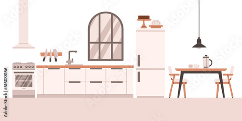 Kitchen with furniture. Cozy kitchen interior with table, stove, cupboard, dishes and fridge. Flat style vector.