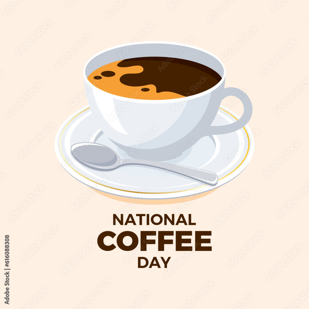 National Coffee Day vector illustration. Black coffee in a white cup with a saucer and a spoon vector. September 29. Important day National Coffee Day vector illustration. Black coffee in a white cup with a saucer and a spoon vector. September 29. Important day