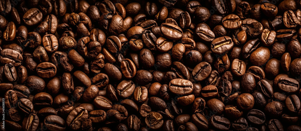 Naklejka premium Coffee beans. Generative AI illustration.Panoramic horizontal background of roasted coffee beans.