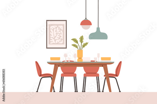 Dining table in kitchen with chairs, plates and wineglasses. Flat cartoon style vector illustration.