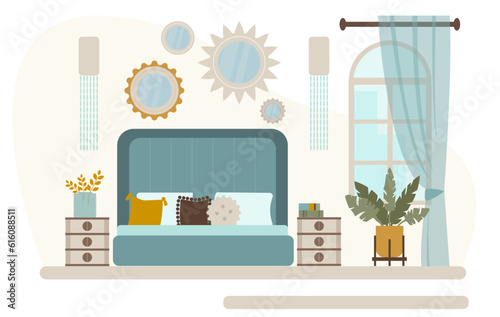 Vector illustration of bedroom interior with furniture and window. Flat style.
