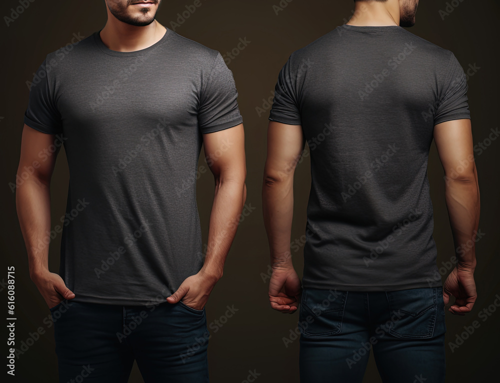 Photo realistic male grey t-shirts with copy space, front, and back view