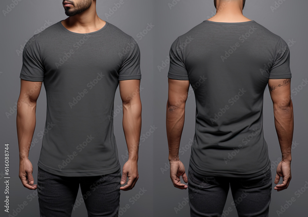 Photo realistic male grey t-shirts with copy space, front, and back view Photo realistic male grey t-shirts with copy space, front, and back view
