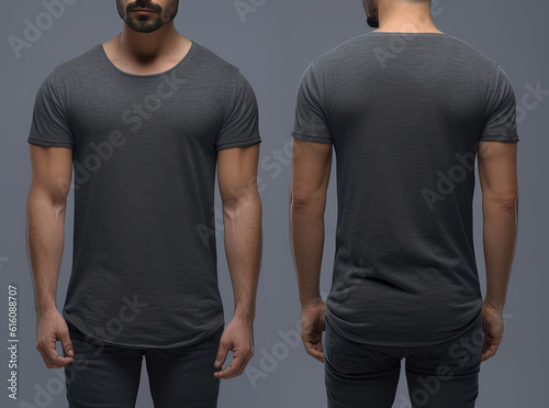 Photo realistic male grey t-shirts with copy space, front, and back view
