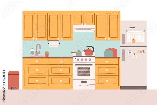 Kitchen with furniture. Cozy kitchen interior with table, stove, cupboard, dishes and fridge. Flat style vector.