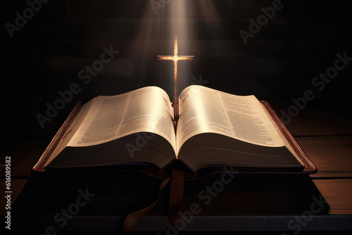 Open antique bible book and a glow-in-the-dark cross. Creative concept of religion, faith, hope and scripture on black background with copy space. Generative AI photo imitation.