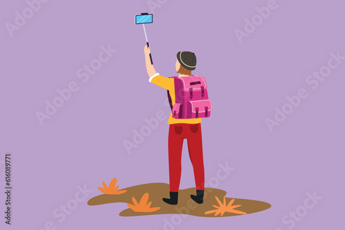 Character flat drawing back view of young pretty girl with backpack standing and taking selfie photo on her smart phone. Summer activity at nature. Travel blogger. Cartoon design vector illustration