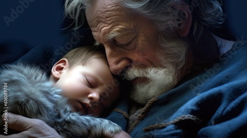 Grandpa gently rocked his newborn grandson to sleep, singing a lullaby softly in his ear.