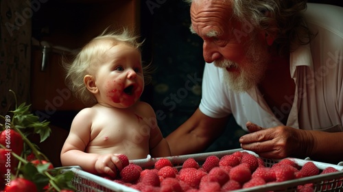 Grandpa blew raspberries on his five-month-old granddaughter tummy. photo