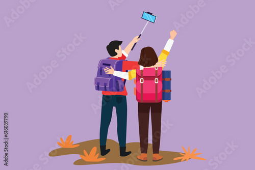 Cartoon flat style drawing back view of couple man woman hikers with backpacks takes selfie in mountains while recording video using his smartphone. Travel blogger. Graphic design vector illustration