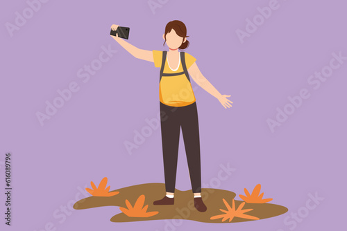 Character flat drawing young beautiful woman making selfie with smartphone. Travel pretty girl with backpack taking selfie. Tourism nature backpacking or trekking. Cartoon design vector illustration
