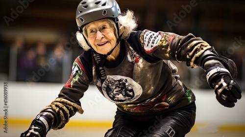 A senior woman dressed in roller derby gear, participating in a thrilling roller derby match.