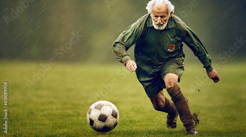 An elderly gentleman dressed in sports gear, dribbling a soccer ball with precision on a green field. photo