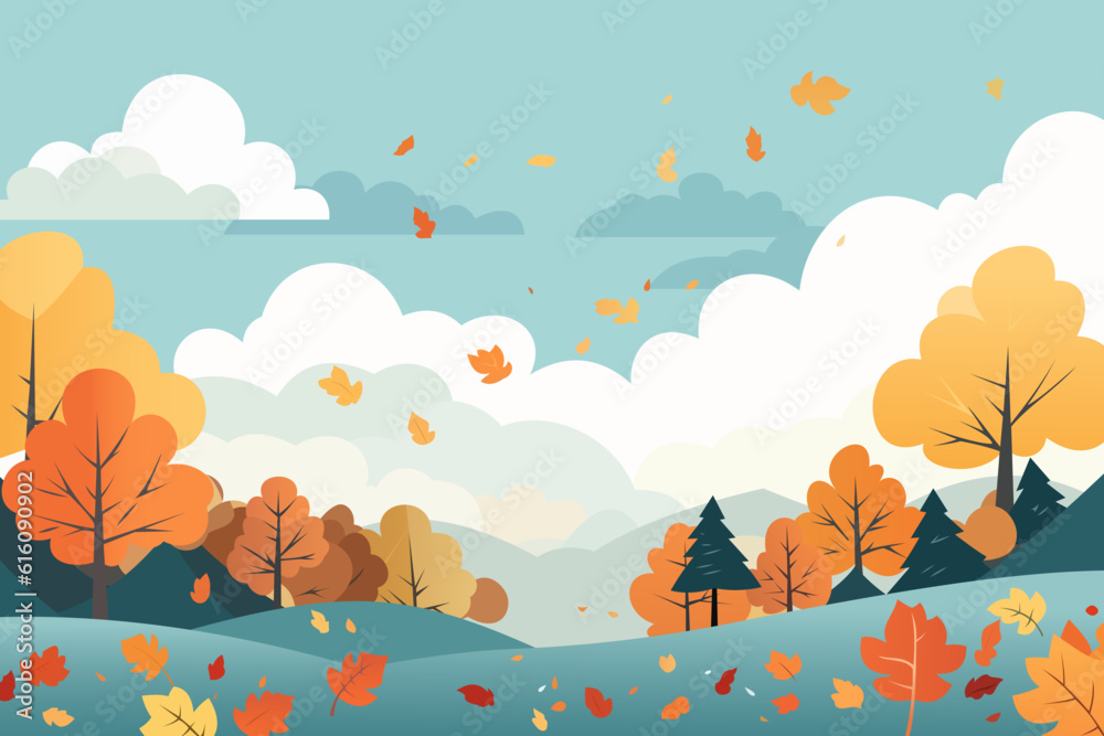 Autumn landscape with trees, mountains, hills, fields, leaves. Autumn leaves. Beautiful rural landscape. Autumn background. Vector illustration