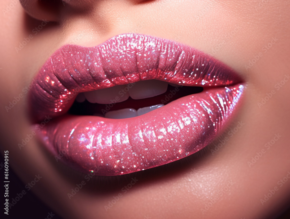 Close-up view of the lips with glossy lipstick, Generative Ai Close-up view of the lips with glossy lipstick, Generative Ai