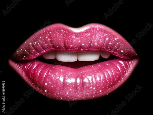 Close-up view of the lips with glossy lipstick isolated on black background, Generative Ai