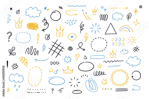 Hand drawn simple elements set. Sketch underlines  icons  emphasis  speech bubbles  arrows and shapes. Vector illustration isolated on white background.