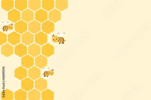 Beehive honey sign with hexagon grid cells and bee cartoons on yellow background vector illustration.