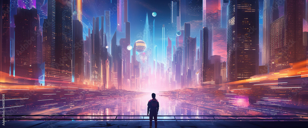 A wide angle shot of a man standing in front of a blurred cyberpunk city panorama with bright neon lights. Photorealistic Generative AI illustration.