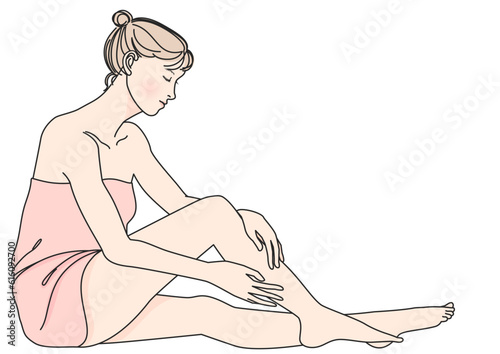 美容イメージ 横向きに座ってボディケアをする女性のイラスト 全身横顔