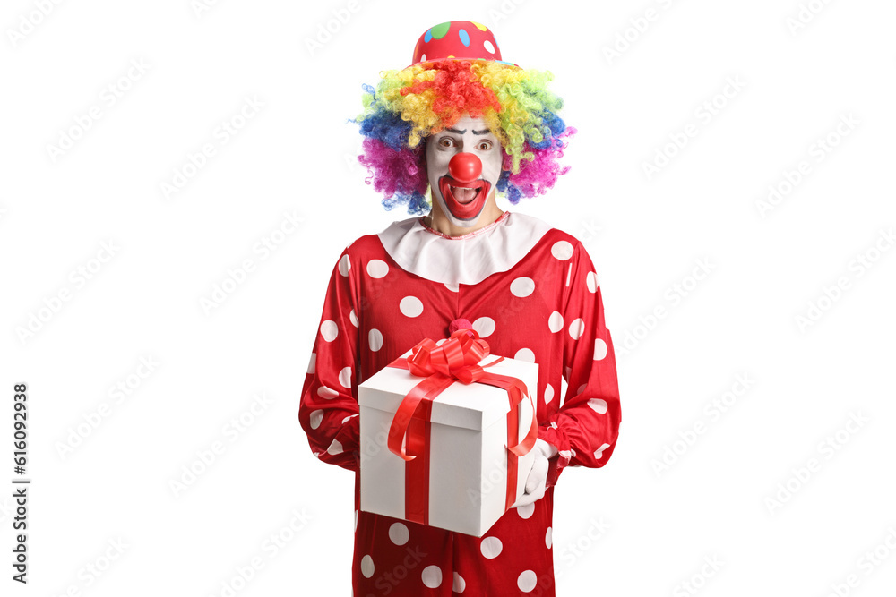 Clown holding a gift box