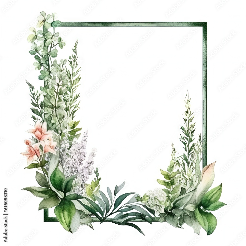 Watercolor decorative frame. Abstract background. Invitation, advertisement, thanks. Ornamental leaves. Generative AI.