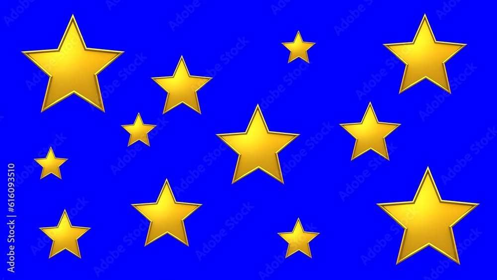 Gold stars of different sizes. Five-pointed stars, blue background. Gold stars of different sizes. Five-pointed stars, blue background.