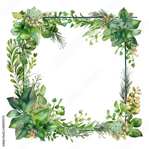 Watercolor decorative frame. Abstract background. Invitation  advertisement  thanks. Ornamental leaves. Generative AI.