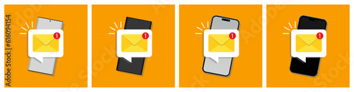 Smartphone with Email notification concept. Notice on message. New email notification on the phone screen. Envelope with new message. Vector illustration in flat style.