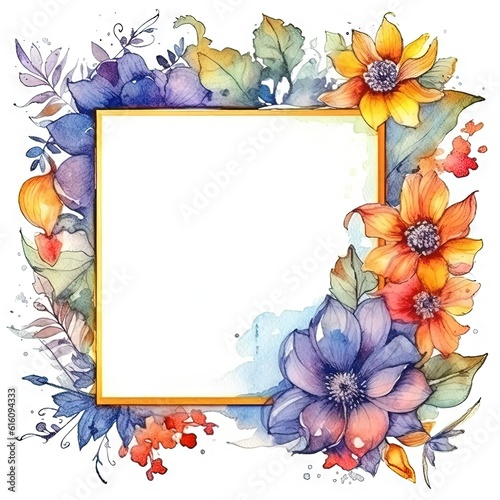 Watercolor decorative frame. Abstract background. Invitation  advertisement  thanks. Ornamental leaves. Generative AI.