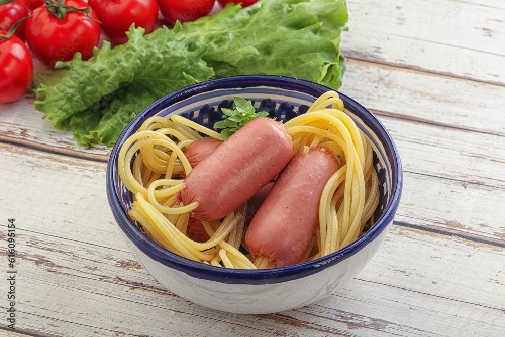 Mini sausages with pasta spaghetti Mini sausages with pasta spaghetti