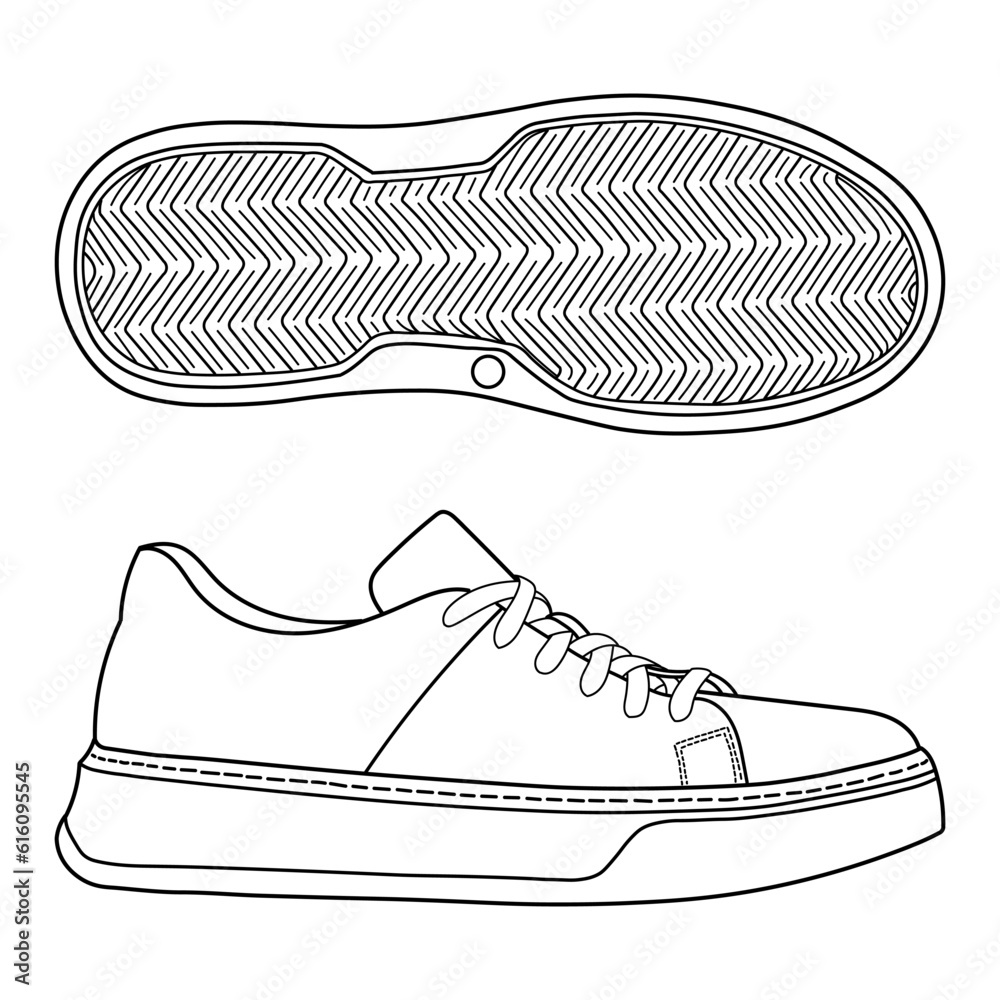 hand drawn sneakers, gym shoes, side and sole view. Image in different