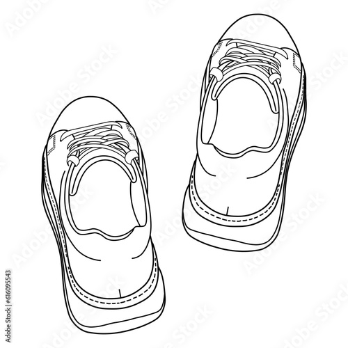 hand drawn sneakers, gym shoes, rear side and 3d view. Image in different views - front, back, top, side, sole and 3d view. Doodle vector illustration.	