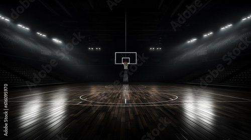 Basketball going through the basket on black backgorund, detail shot. Generative AI © Nataliia