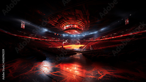 Professional basketball arena with basketball hoop in 3D. Generative AI