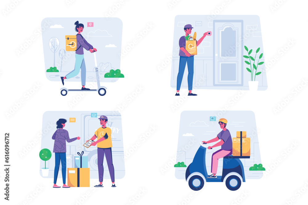 Delivery set concept with people scene in the flat cartoon style. Couriers deliver purchases to customers on various vehicles. Vector illustration.